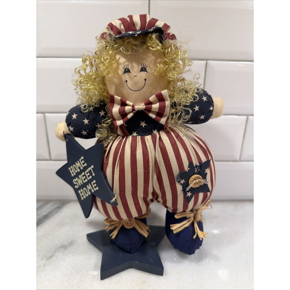 Vintage Patriotic Red White Blue Home Sweet Home Girl Dolll Decor